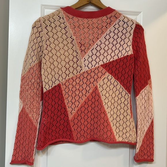 J Jill Color-Blocked Crocheted Orange Peach Cardigan Sweater Cotton Linen Blend - Picture 7 of 12